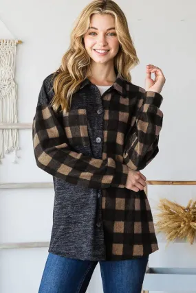 Misses SOLID AND PLAID SHACKET WITH POCKET MOCHA/BLACK