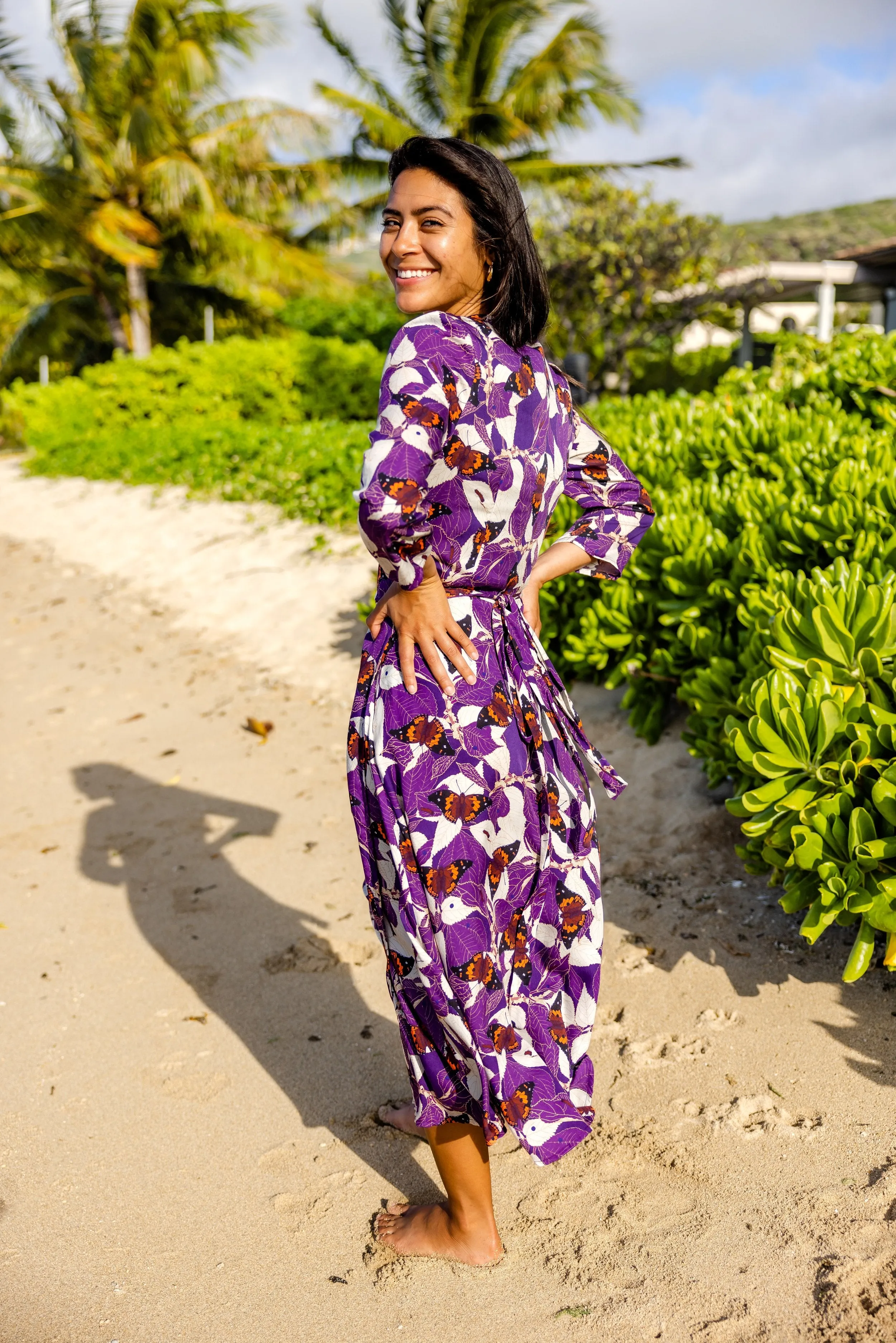 MĀMAKI & BUTTERFLIES Purple Midi Wrap Dress