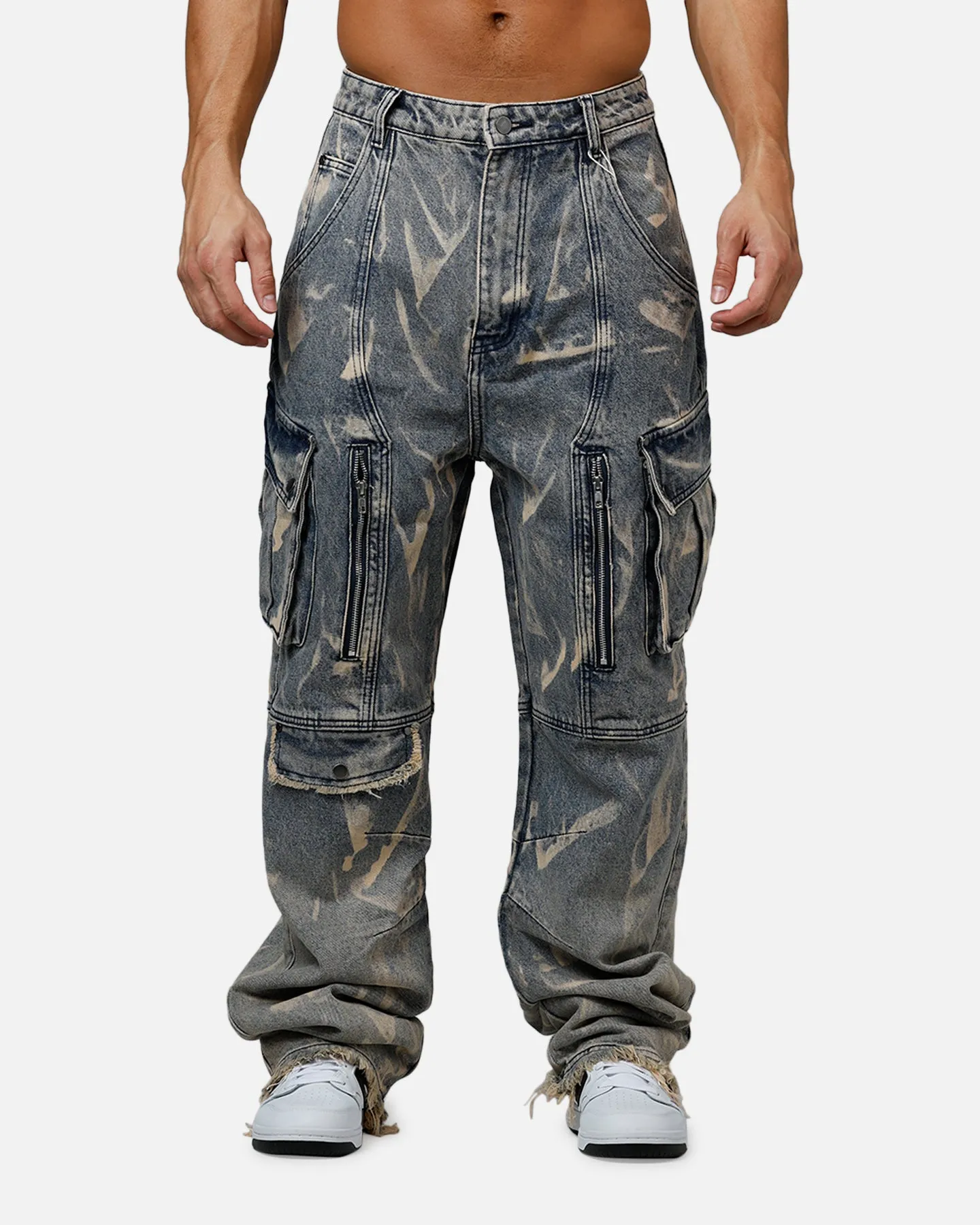 MNML Ultra Baggy Rip Denim Cargo Pant Blue