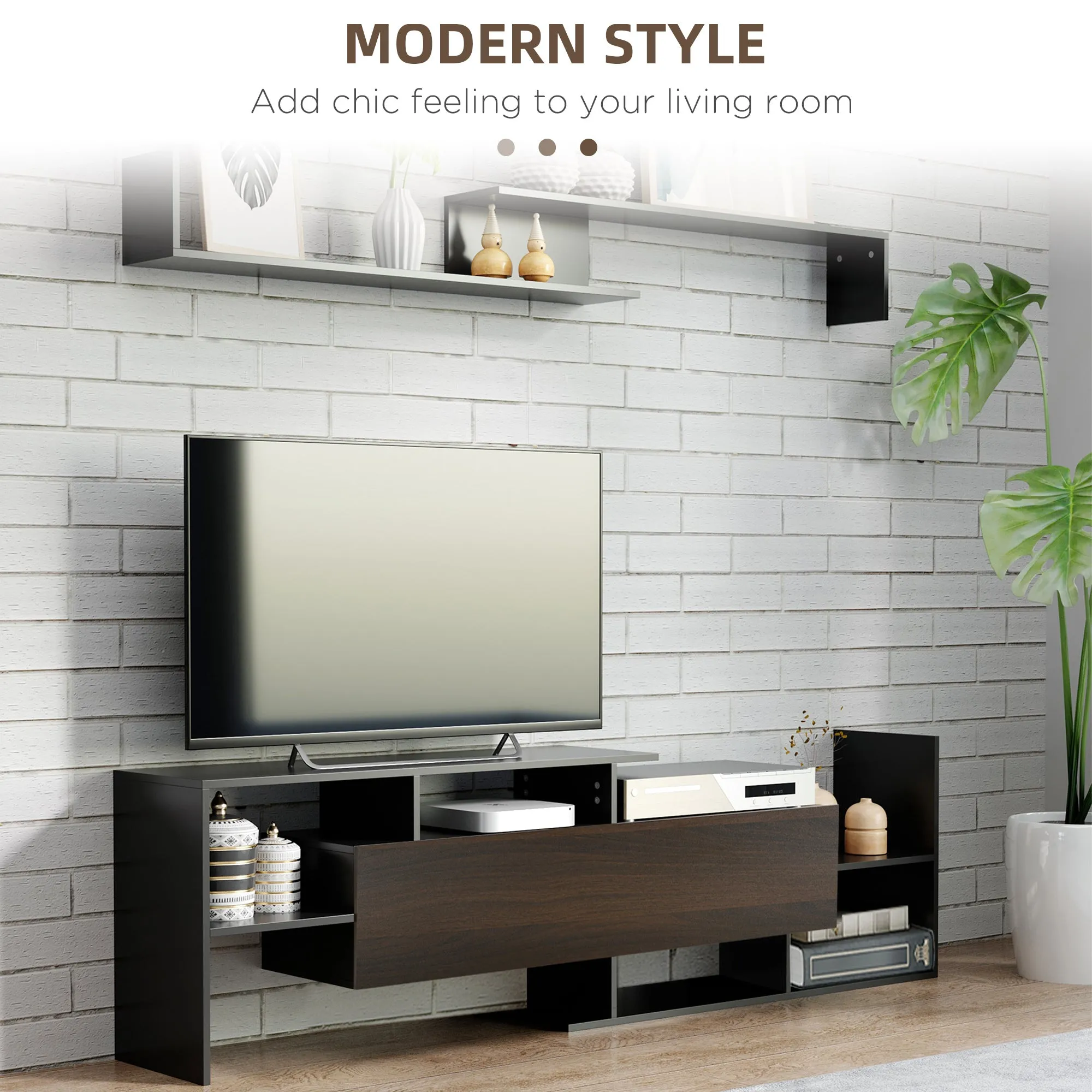 Modern TV Cabinet with Wall Shelf, TV Unit with Storage Shelf and Cabinet, for Wall-Mounted 65" TVs, Living Room Bedroom, Black and Brown