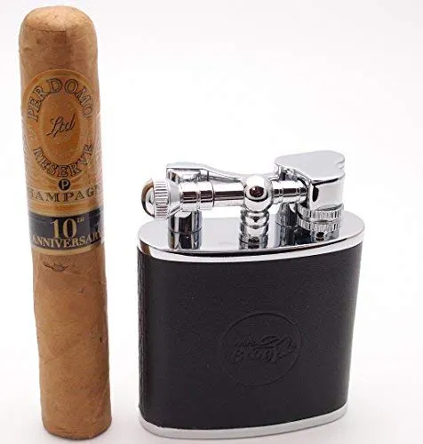 Mrs. Brog Huge Table Top Cigar Lighter - Black Leather - Twin Torch Flame