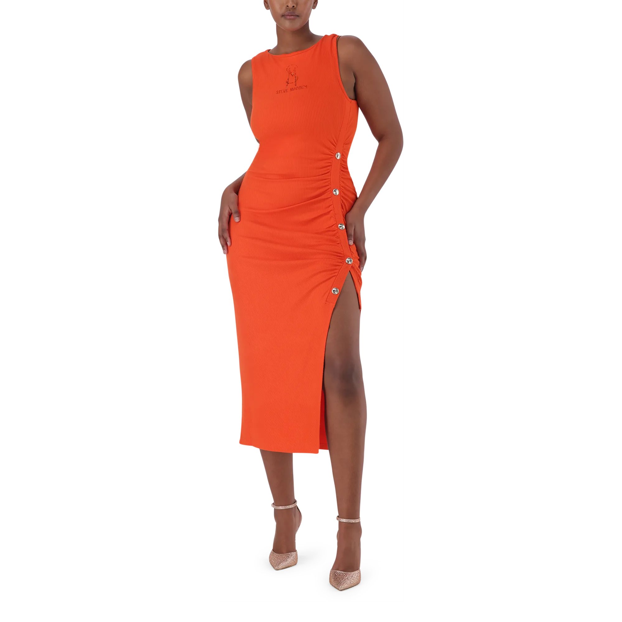 MYLAH TANGERINE BODYCON MIDI DRESS WITH POPPERS