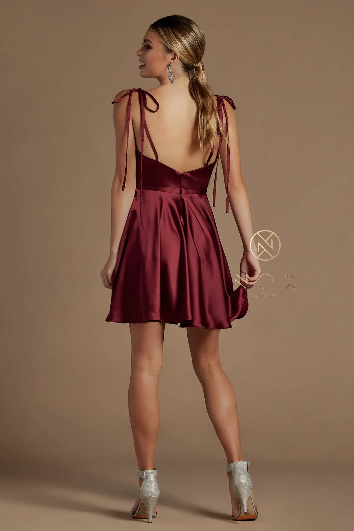 N R701 - Short Satin A-Line Homecoming Dress with Ruched V-Neck Bodice Tying Adjustable Spaghetti Straps & Side Pockets