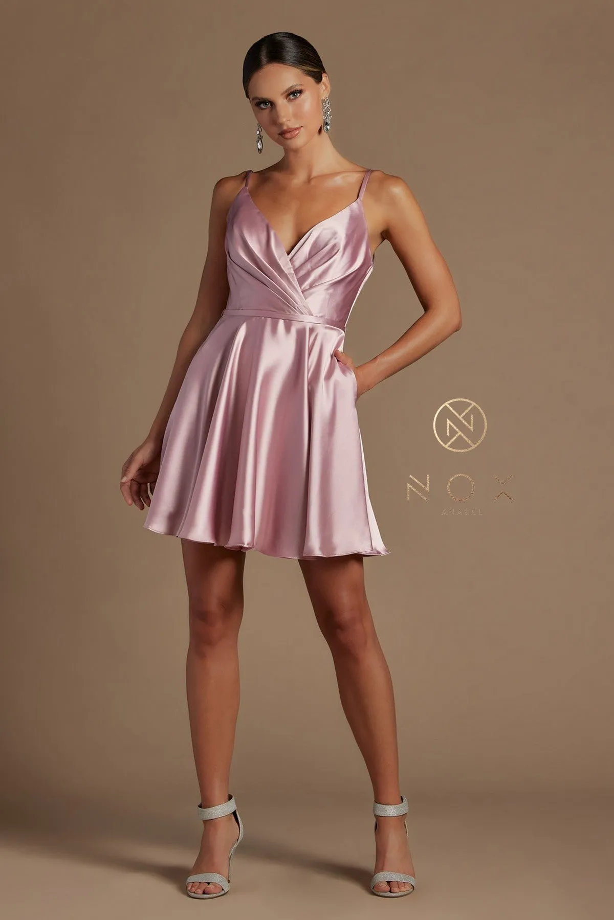 N R701 - Short Satin A-Line Homecoming Dress with Ruched V-Neck Bodice Tying Adjustable Spaghetti Straps & Side Pockets