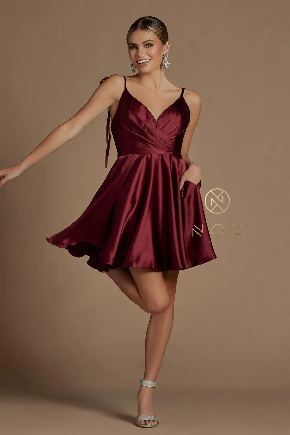 N R701 - Short Satin A-Line Homecoming Dress with Ruched V-Neck Bodice Tying Adjustable Spaghetti Straps & Side Pockets