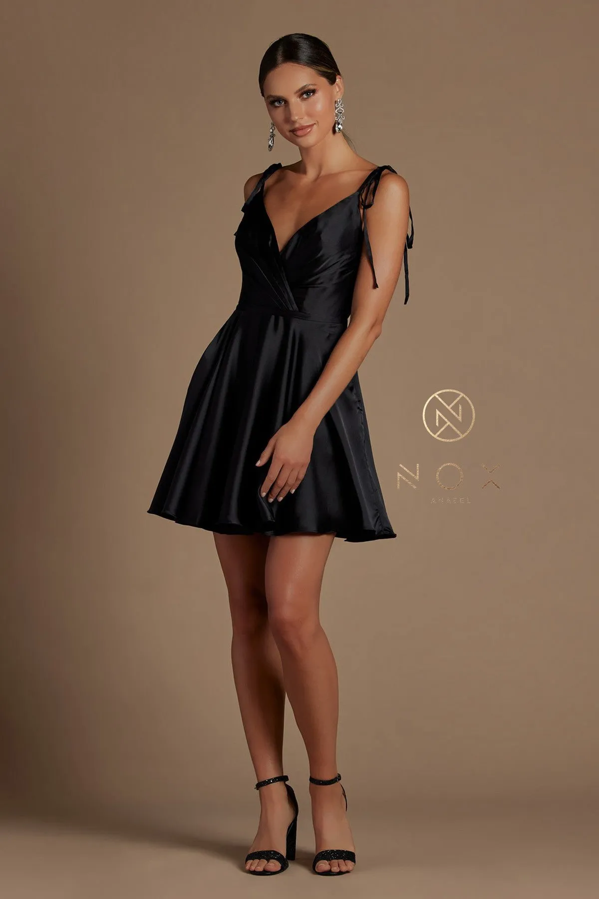 N R701 - Short Satin A-Line Homecoming Dress with Ruched V-Neck Bodice Tying Adjustable Spaghetti Straps & Side Pockets