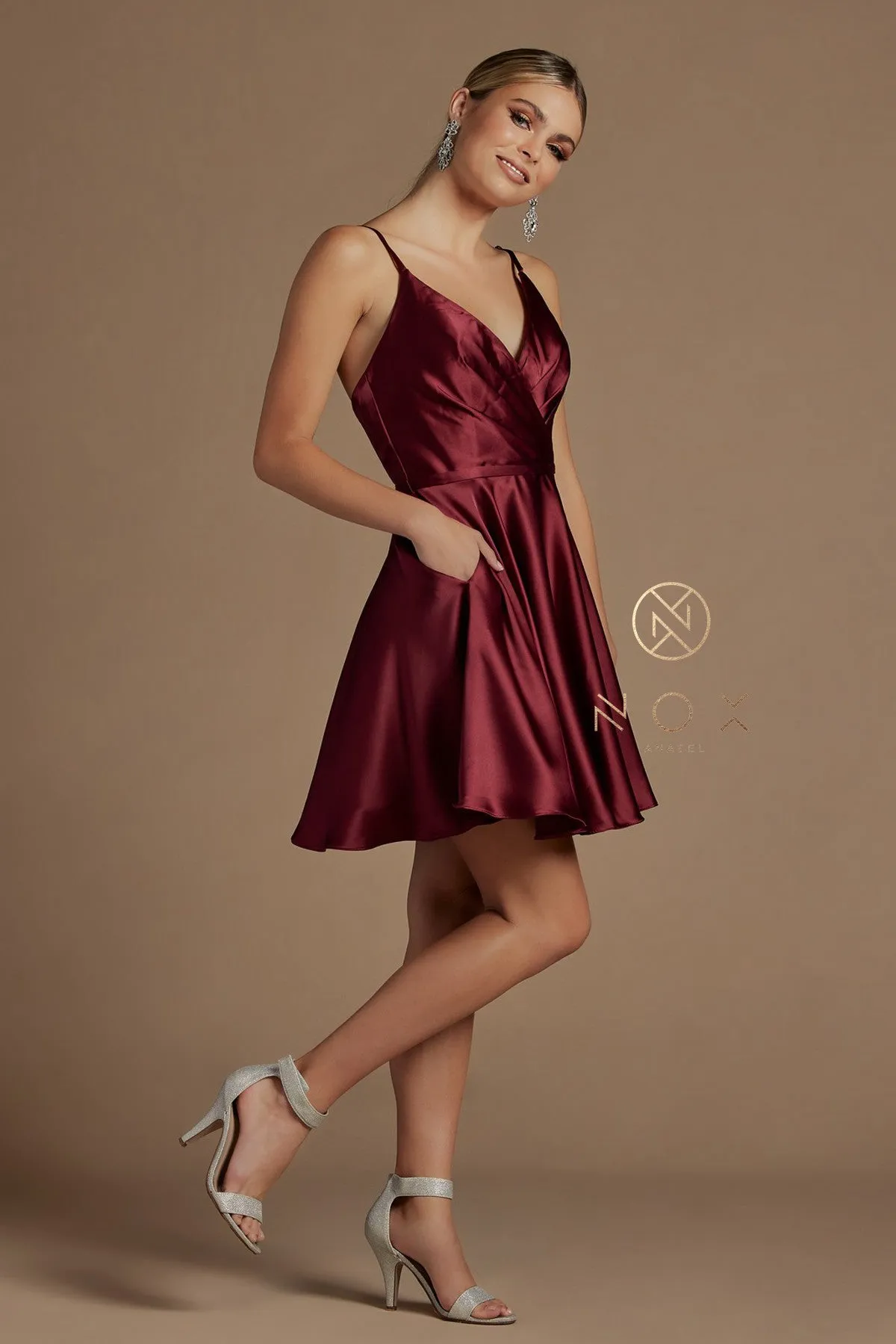 N R701 - Short Satin A-Line Homecoming Dress with Ruched V-Neck Bodice Tying Adjustable Spaghetti Straps & Side Pockets