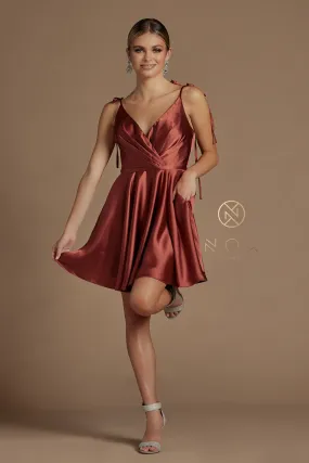 N R701 - Short Satin A-Line Homecoming Dress with Ruched V-Neck Bodice Tying Adjustable Spaghetti Straps & Side Pockets