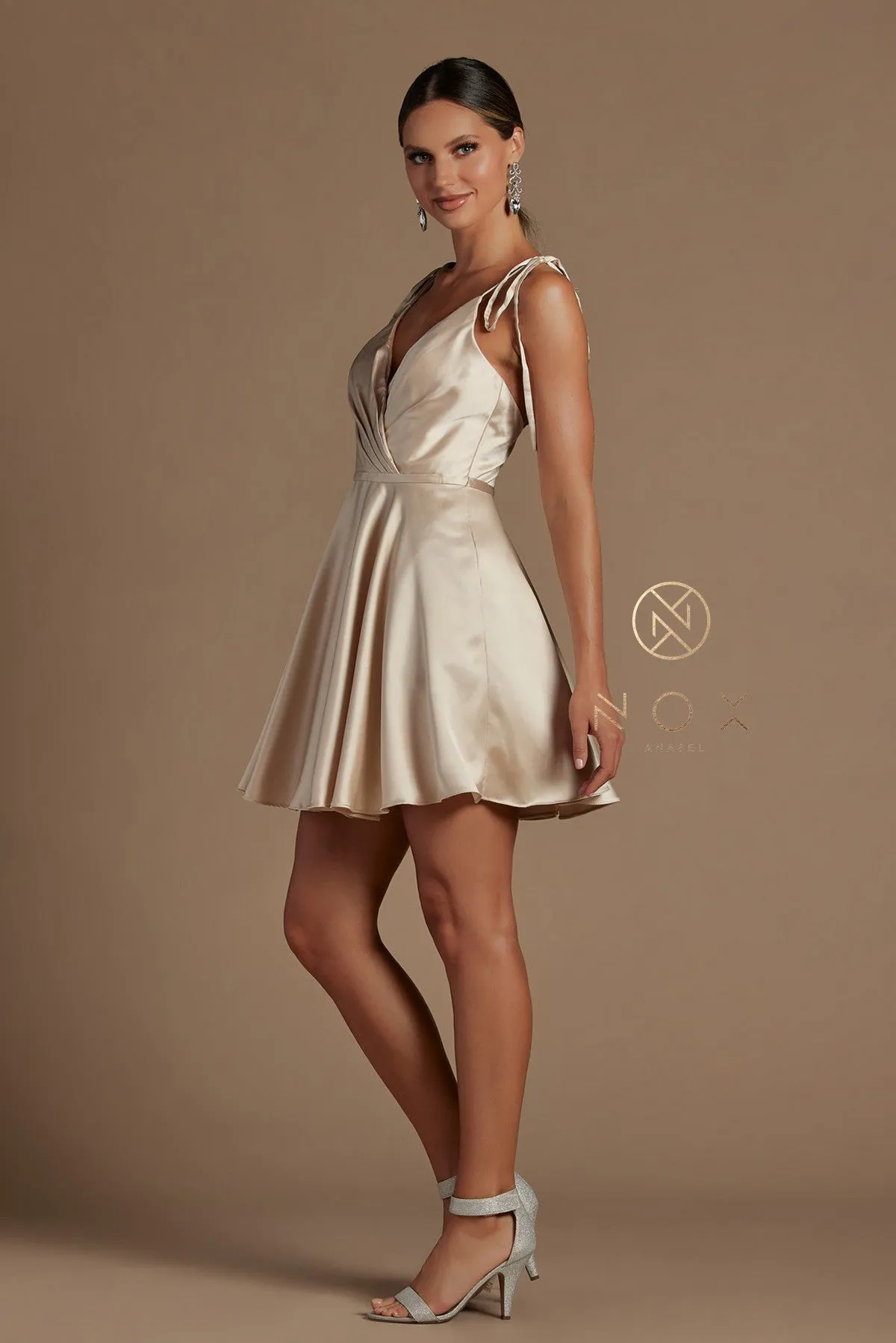 N R701 - Short Satin A-Line Homecoming Dress with Ruched V-Neck Bodice Tying Adjustable Spaghetti Straps & Side Pockets