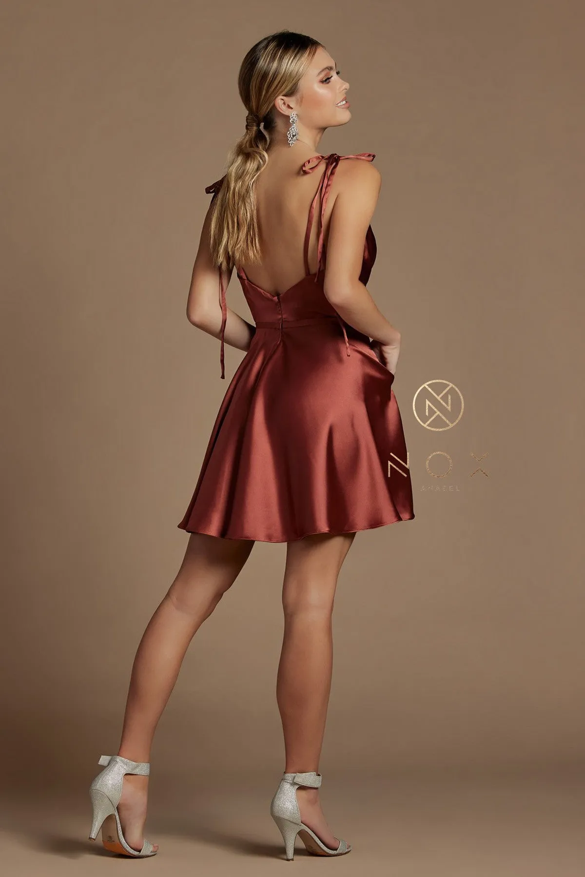 N R701 - Short Satin A-Line Homecoming Dress with Ruched V-Neck Bodice Tying Adjustable Spaghetti Straps & Side Pockets