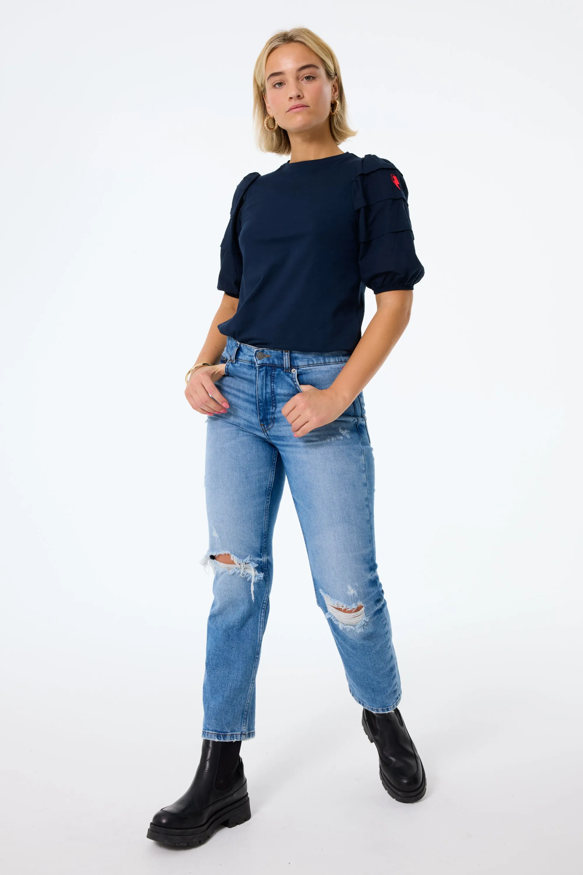 Navy Pintuck Sleeve T-Shirt