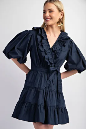 Navy Tiered Wrap Mini Dress