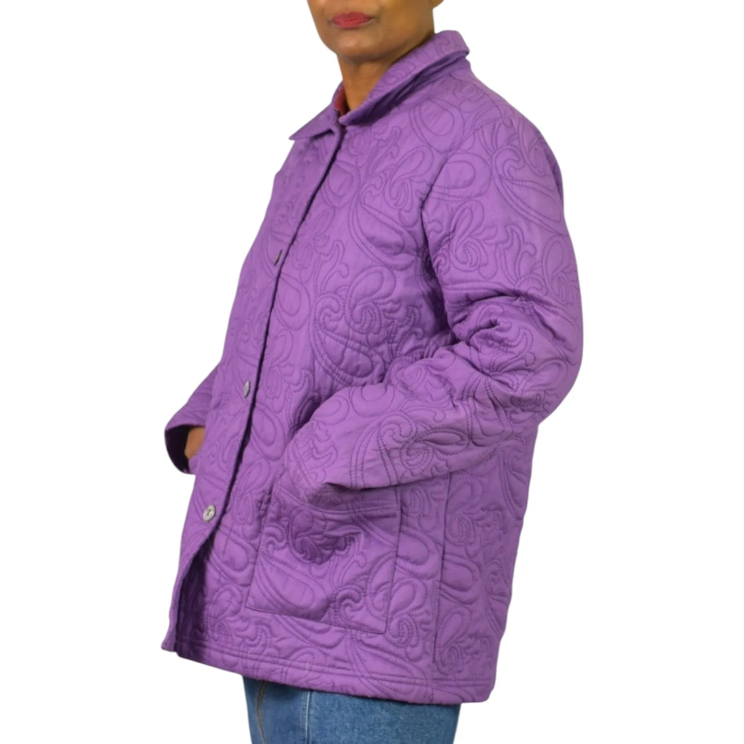 Orvis Quilted Jacket Purple Cotton Collared Swirl Pattern Pockets Chore Coat Large