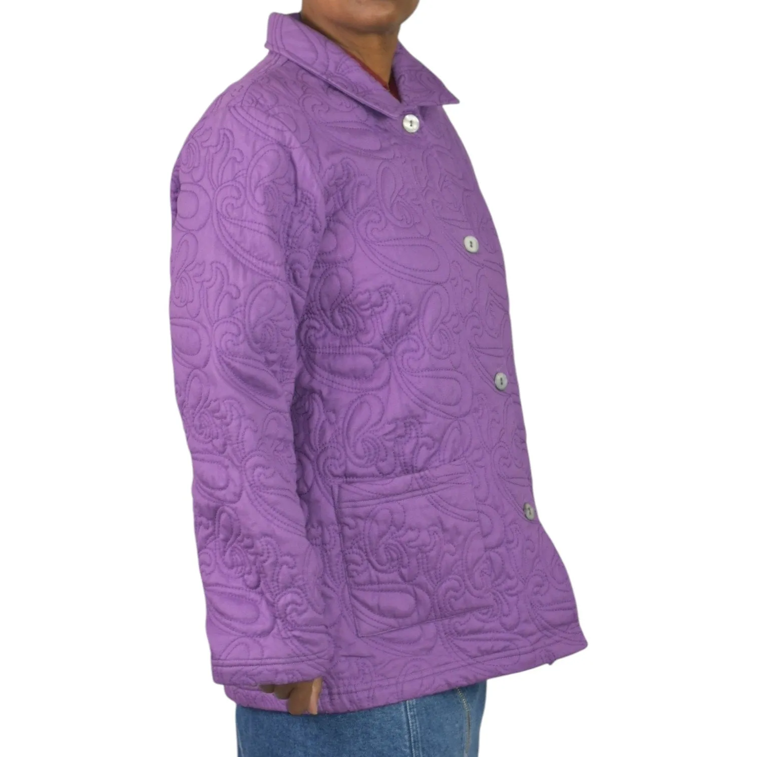 Orvis Quilted Jacket Purple Cotton Collared Swirl Pattern Pockets Chore Coat Large