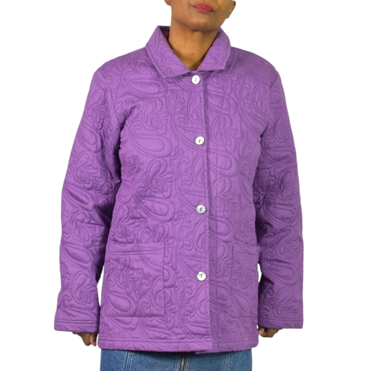 Orvis Quilted Jacket Purple Cotton Collared Swirl Pattern Pockets Chore Coat Large