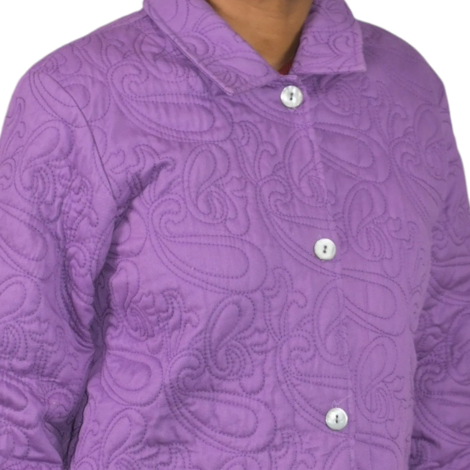 Orvis Quilted Jacket Purple Cotton Collared Swirl Pattern Pockets Chore Coat Large