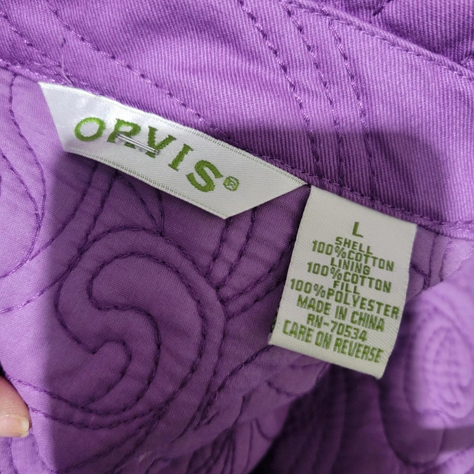 Orvis Quilted Jacket Purple Cotton Collared Swirl Pattern Pockets Chore Coat Large