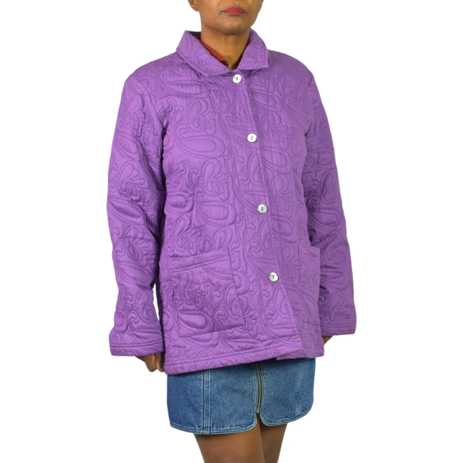 Orvis Quilted Jacket Purple Cotton Collared Swirl Pattern Pockets Chore Coat Large