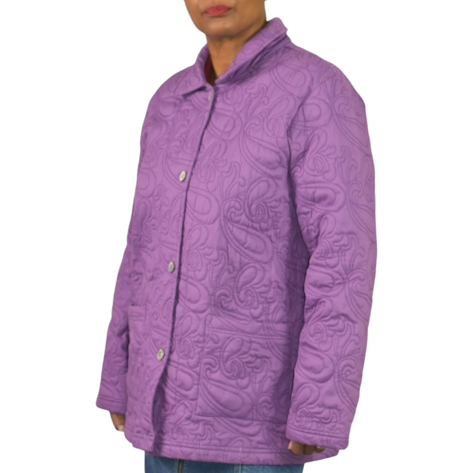 Orvis Quilted Jacket Purple Cotton Collared Swirl Pattern Pockets Chore Coat Large