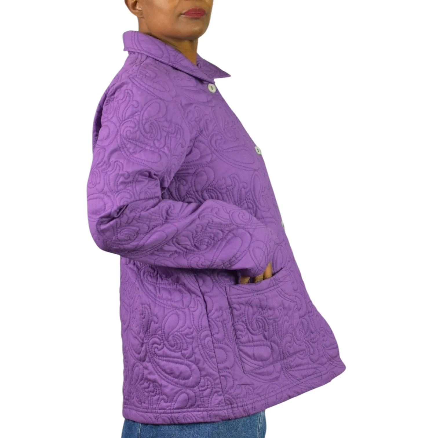 Orvis Quilted Jacket Purple Cotton Collared Swirl Pattern Pockets Chore Coat Large