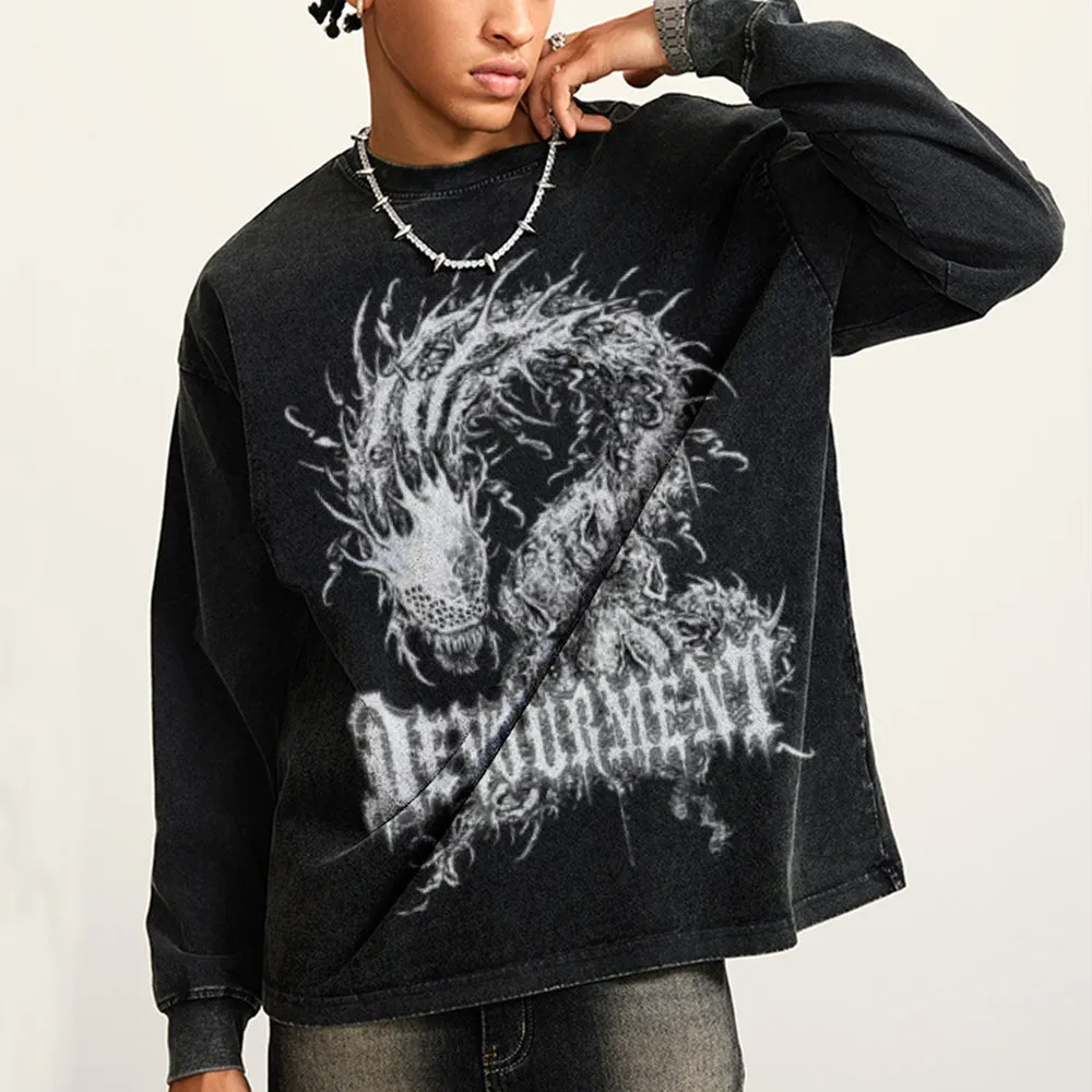 Oversized Vintage Washed Gothic Dragon Graphic Sweatshirt