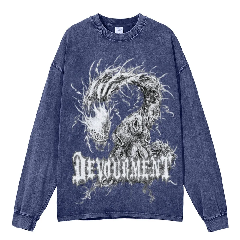 Oversized Vintage Washed Gothic Dragon Graphic Sweatshirt