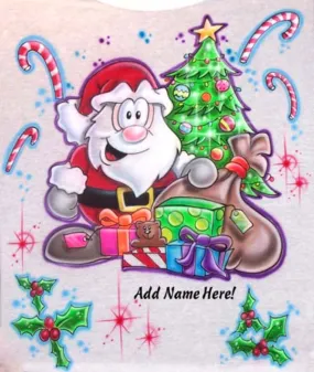 Personalized Airbrushed Cartoon Santa with Xmas Tree Candy Canes T-Shirt Or Sweatshirt