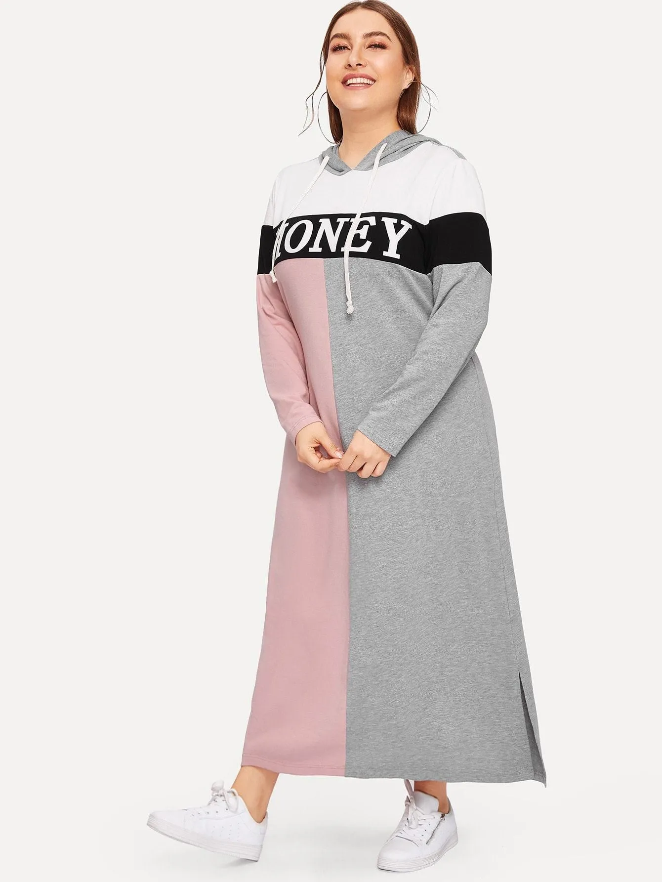 Plus Heathered Knit Panel Letter Hoodie Dress