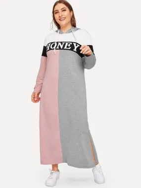 Plus Heathered Knit Panel Letter Hoodie Dress