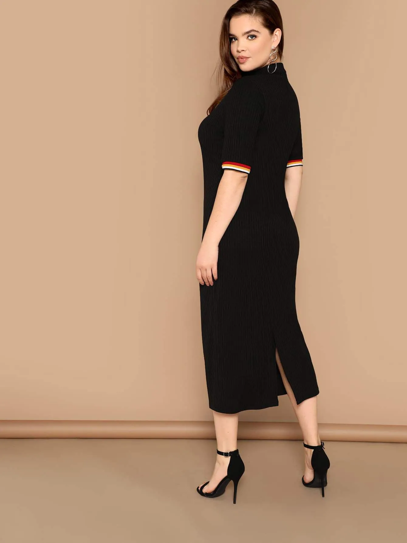 Plus Rib-knit Slit Back Striped Cuff Dress