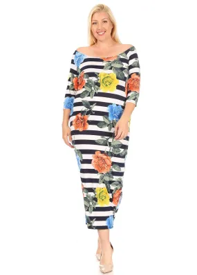 Plus Size Women Flora Print Off-Shoulder Bodycon Dress Midi Dress