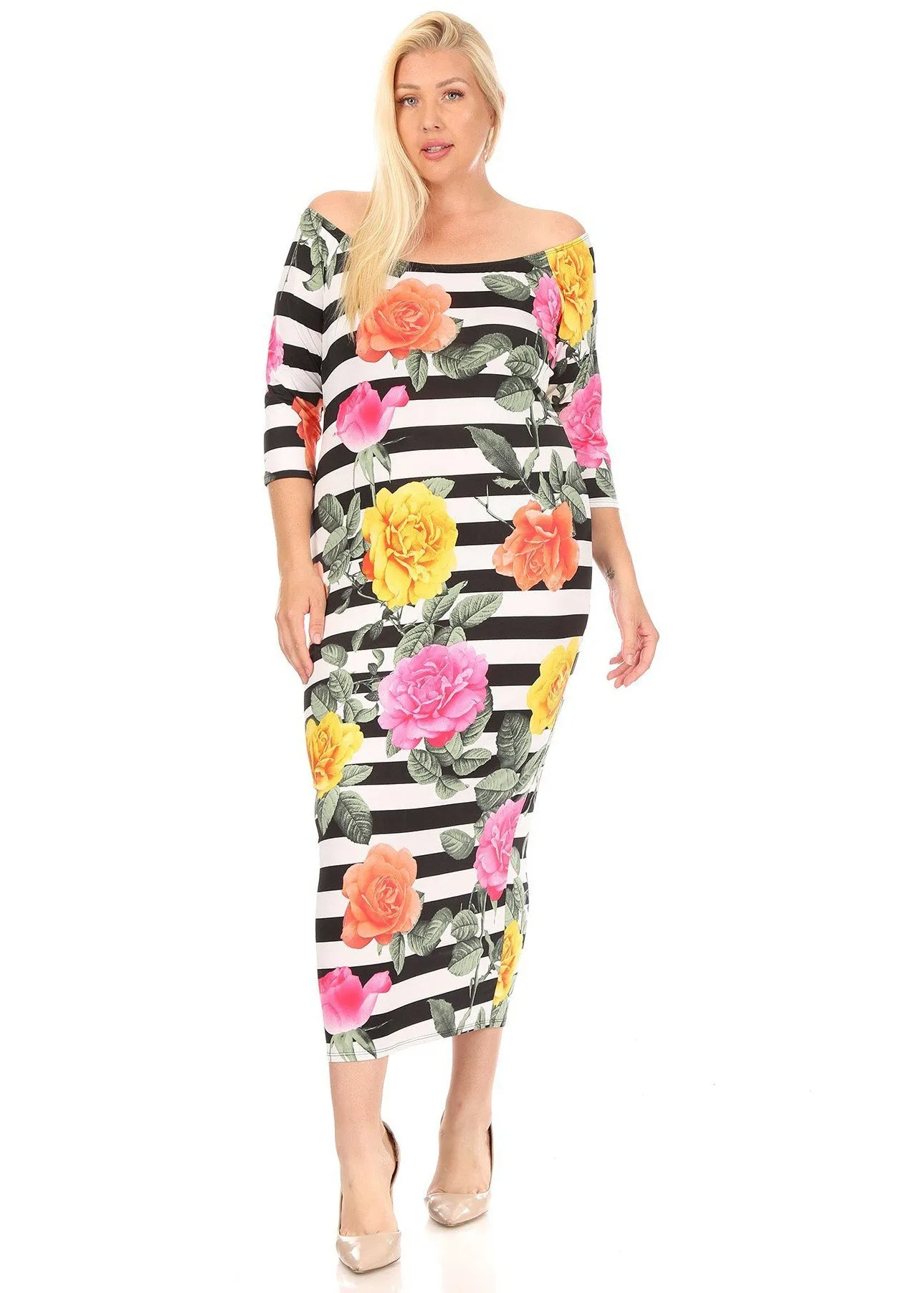 Plus Size Women Flora Print Off-Shoulder Bodycon Dress Midi Dress