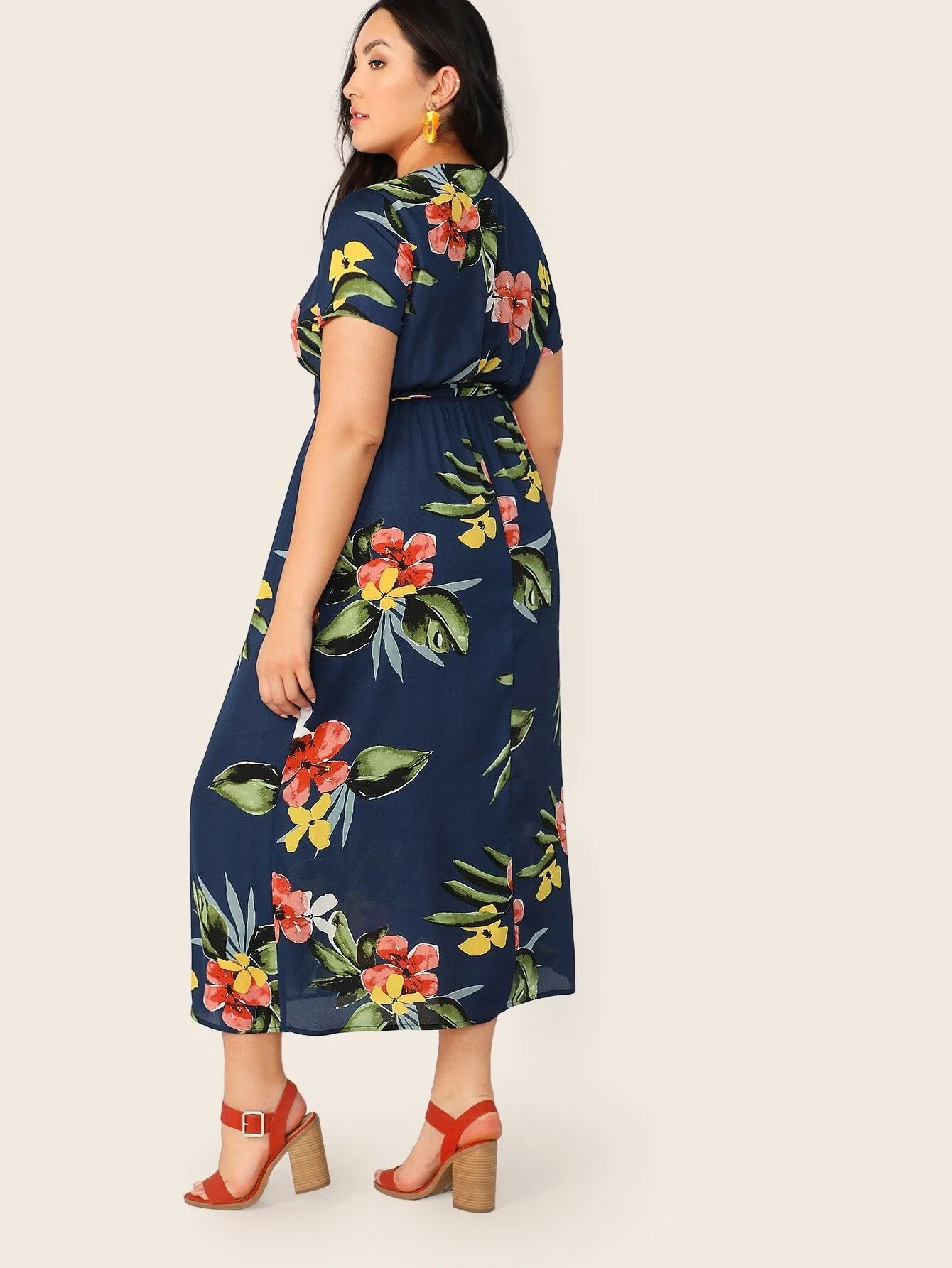 Plus Surplice Wrap Belted Floral Dress