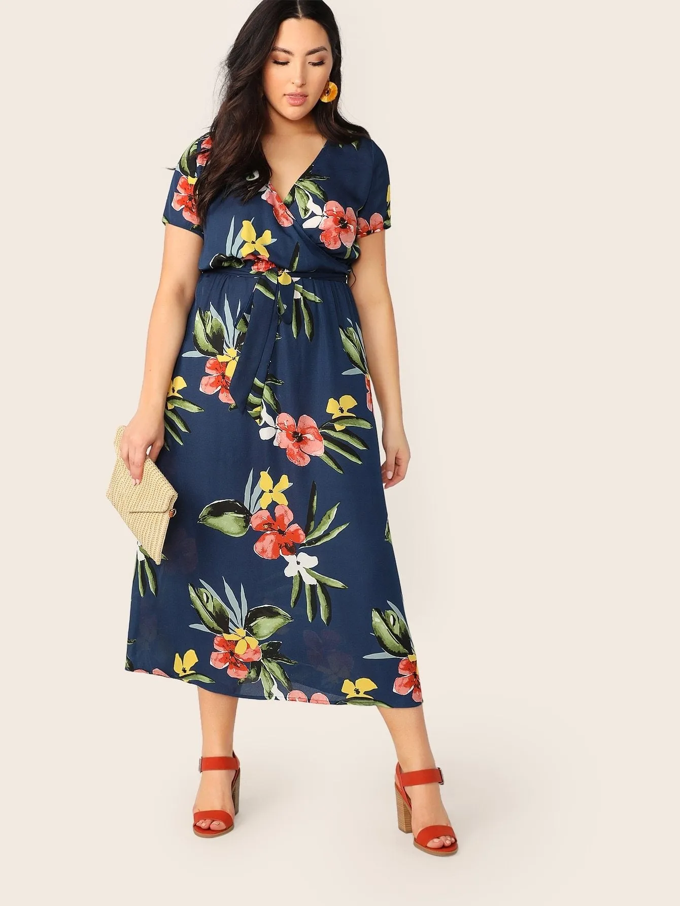 Plus Surplice Wrap Belted Floral Dress