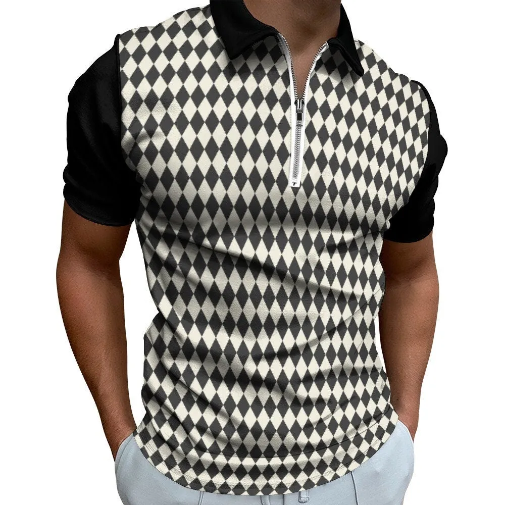 Polo Shirt Men, Men's Polo Shirt, 60s style shirt men, Zipper polo shirt,Black Geometric Shirt, Retro Polo Shirt, Vintage inspired Shirt Men