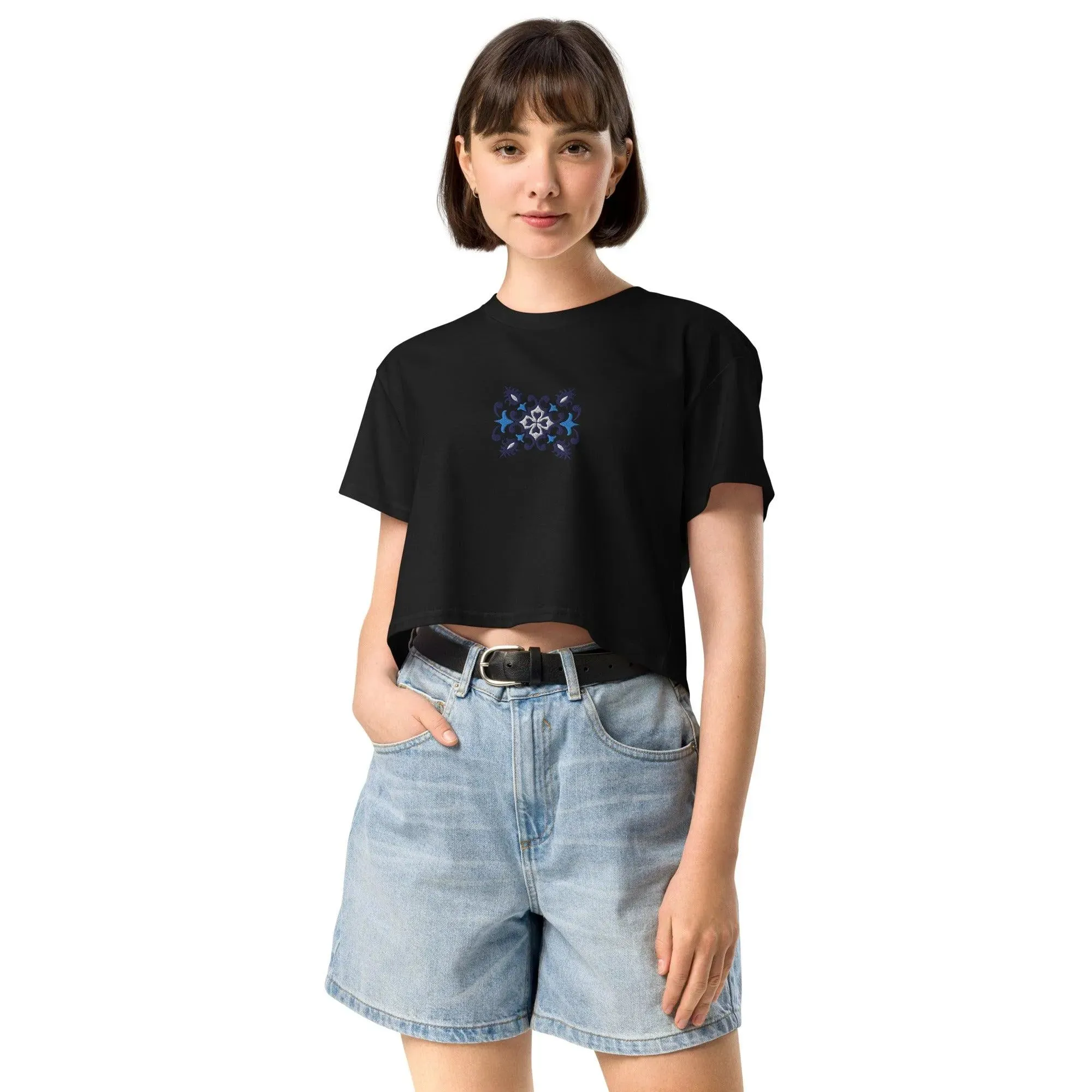 Portuguese Azulejo Tile Embroidered Cropped T-Shirt