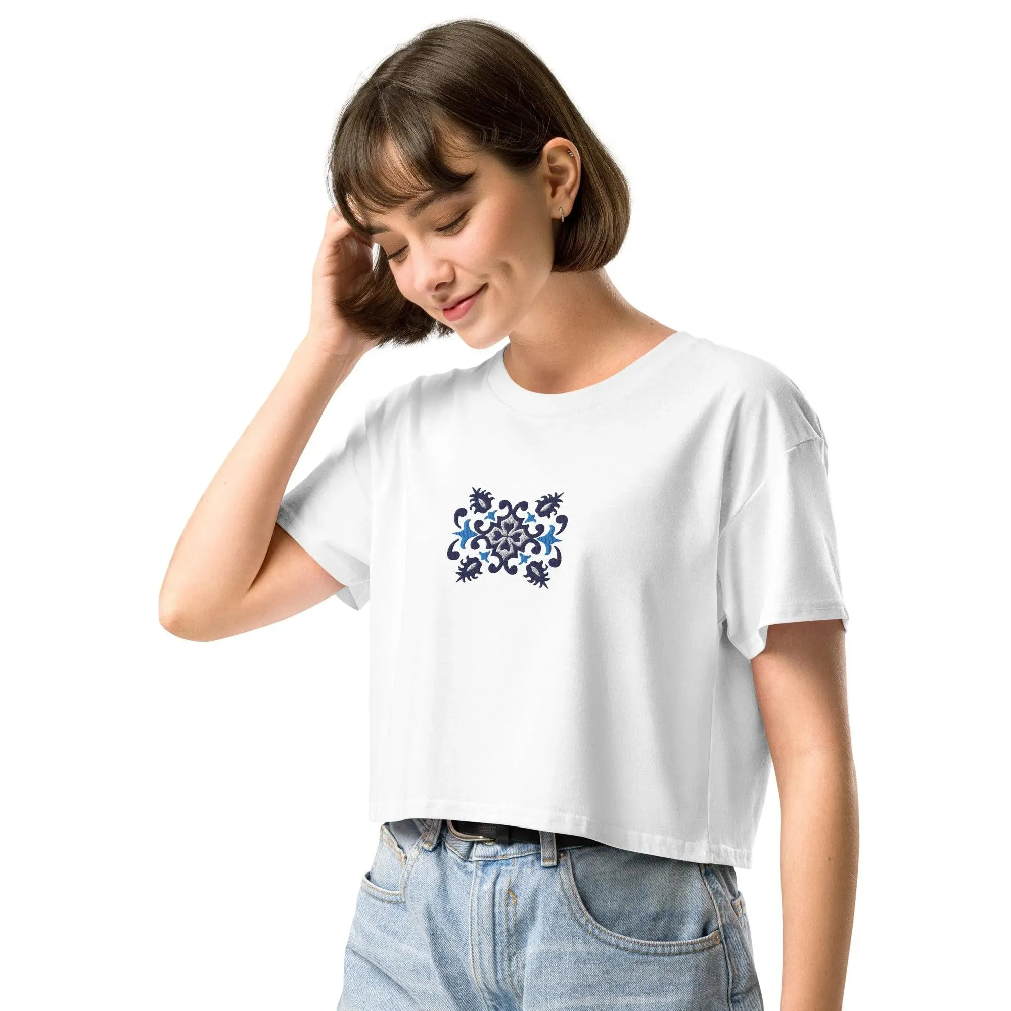 Portuguese Azulejo Tile Embroidered Cropped T-Shirt