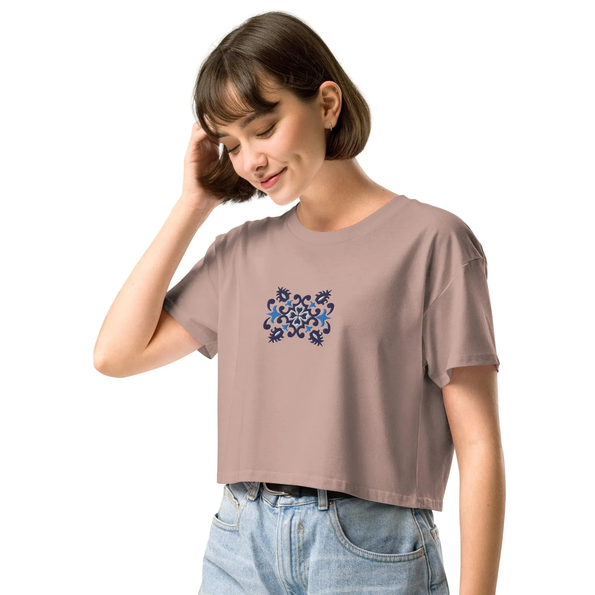 Portuguese Azulejo Tile Embroidered Cropped T-Shirt