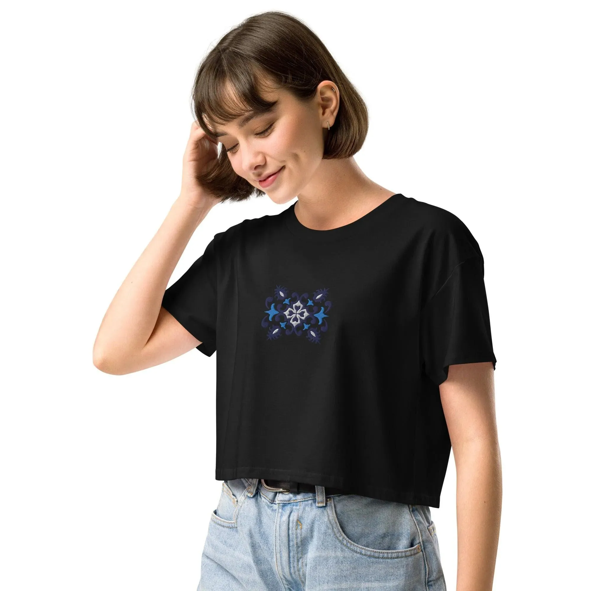 Portuguese Azulejo Tile Embroidered Cropped T-Shirt