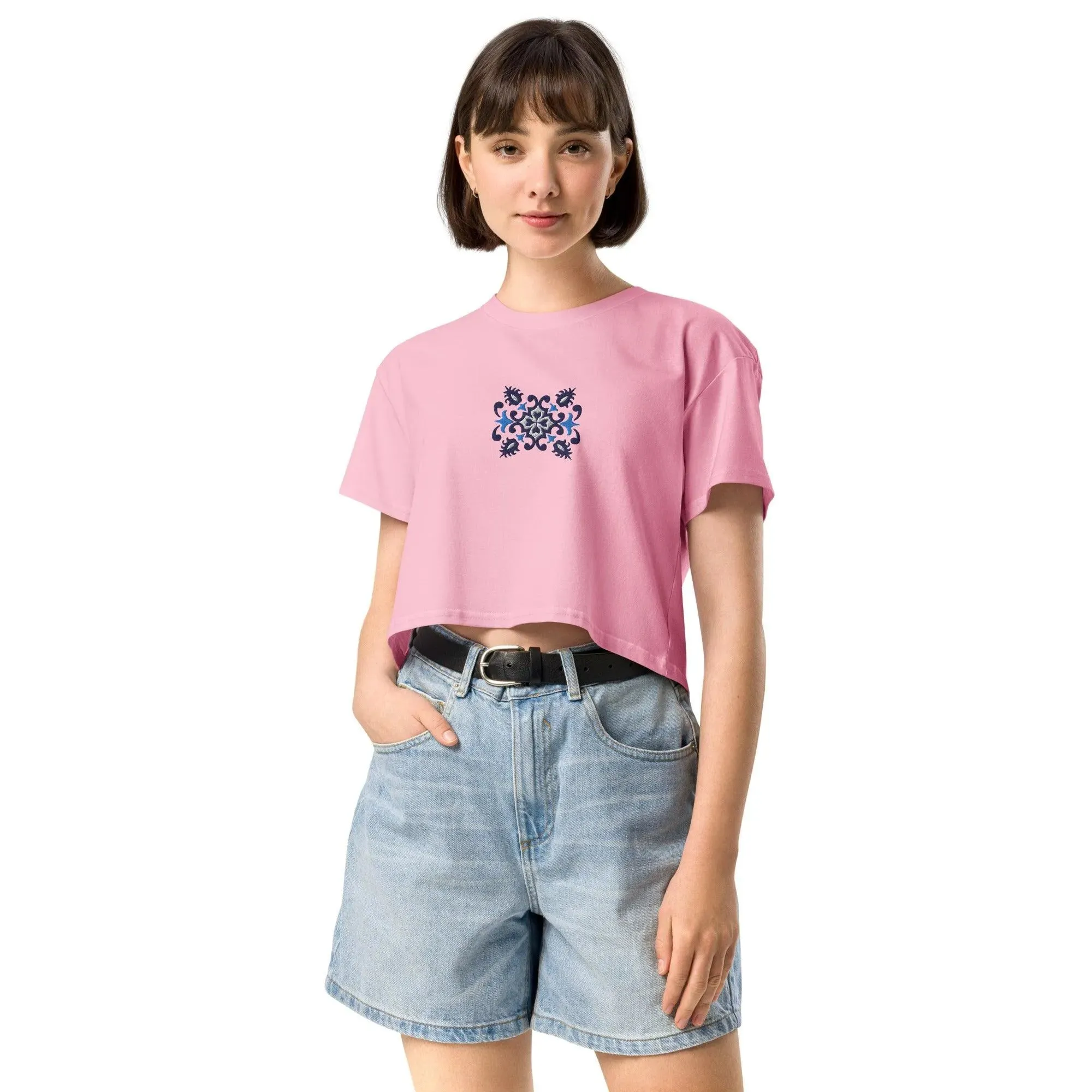 Portuguese Azulejo Tile Embroidered Cropped T-Shirt