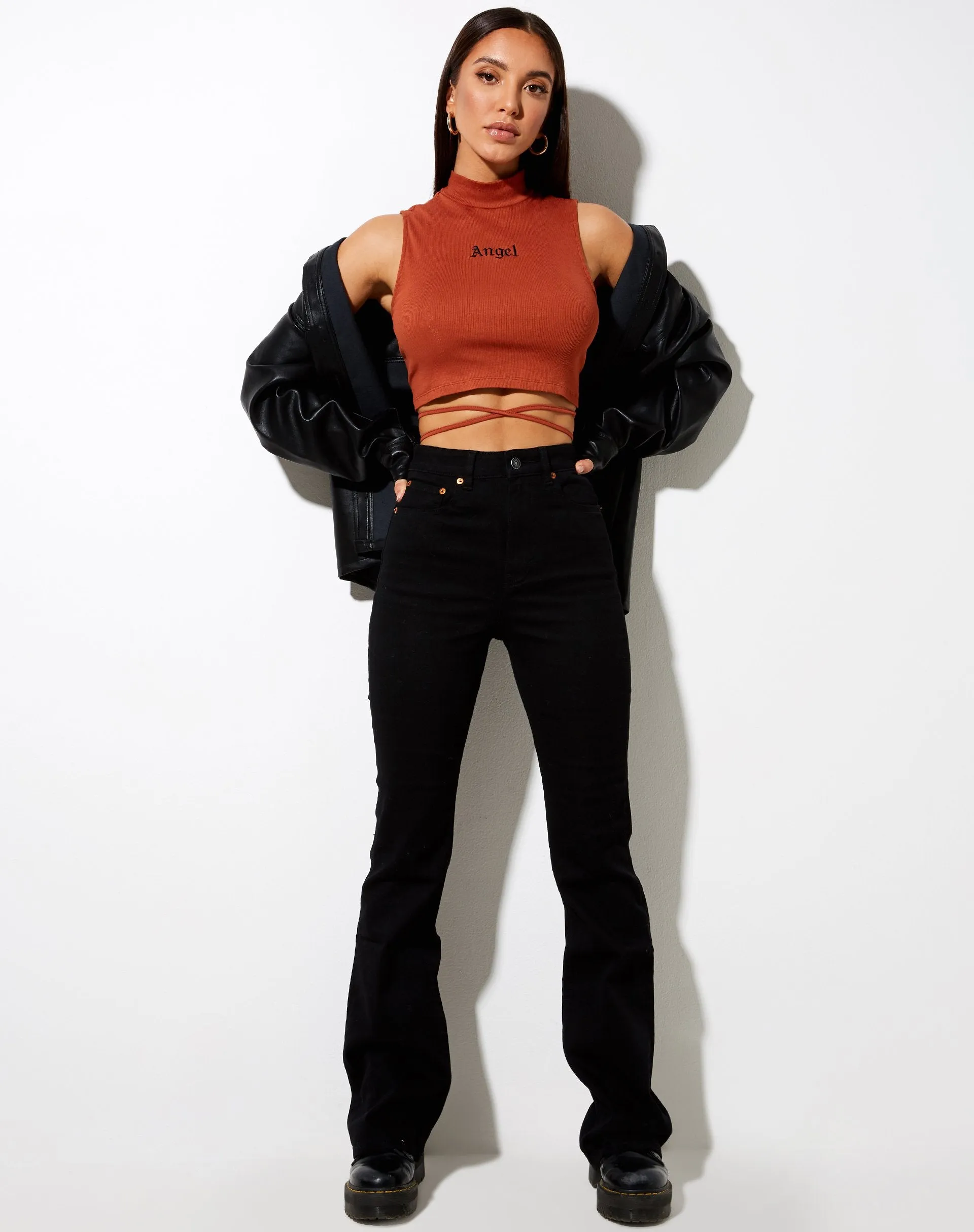 Quera Crop Top in Rib Picante with 'Angel' Embro