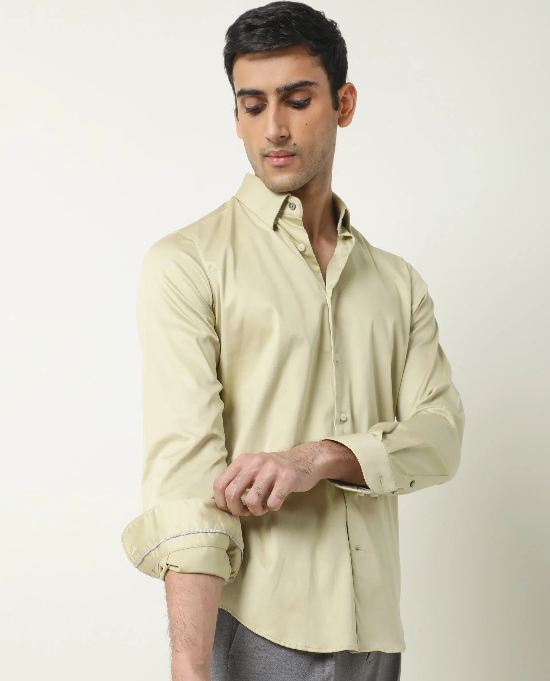 Rare Rabbit Men's Como Pastel Green Satin Fabric Button Down Collar Full Sleeves Solid Formal Shirt