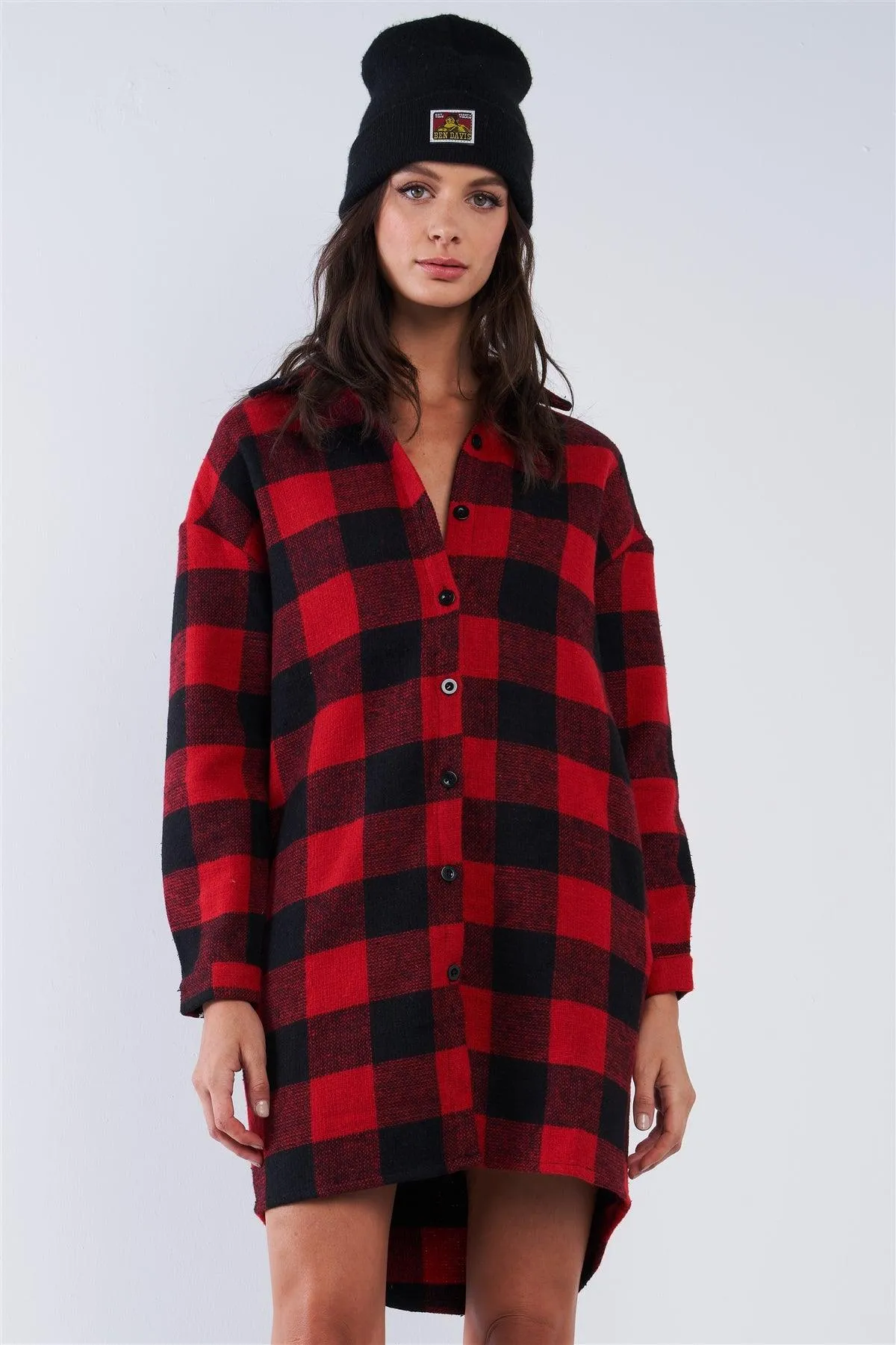 Red & Black Cotton Plaid Print Relaxed Fit Long Sleeve Thick Warm Button Down Sweater Dress With Pockets /2-2-2