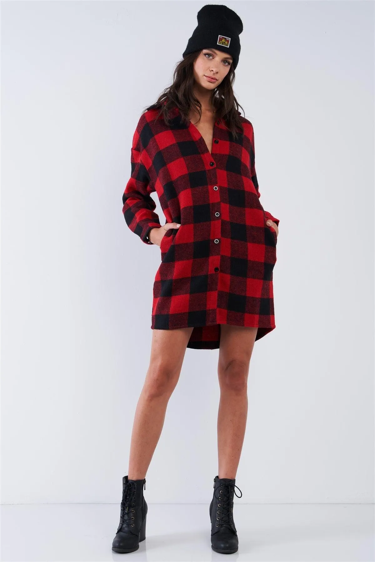 Red & Black Cotton Plaid Print Relaxed Fit Long Sleeve Thick Warm Button Down Sweater Dress With Pockets /2-2-2