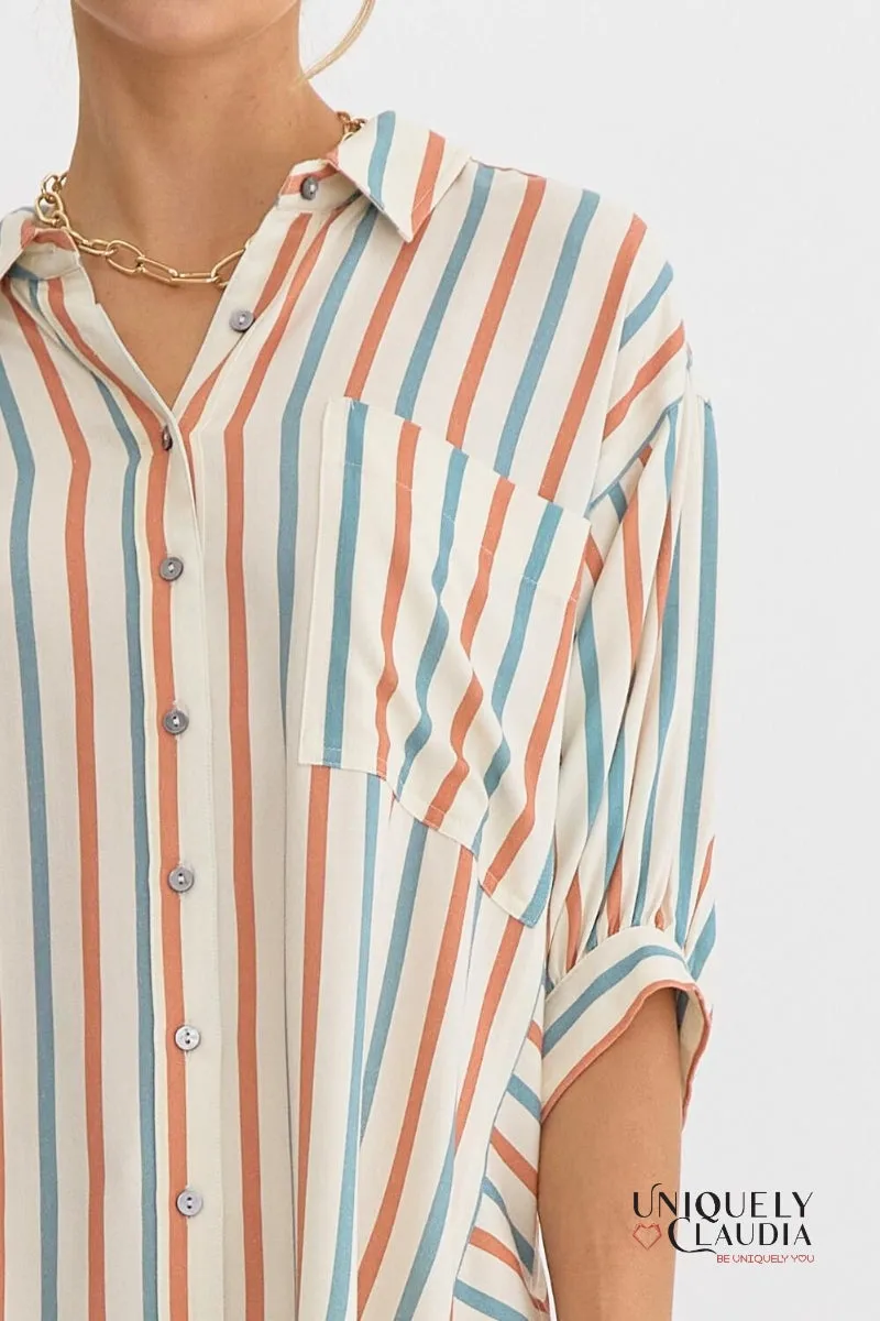 Renee Dolman Sleeve Striped Button-Down Shirt