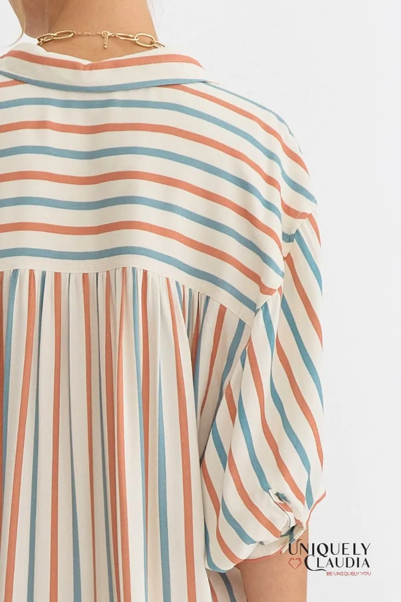 Renee Dolman Sleeve Striped Button-Down Shirt