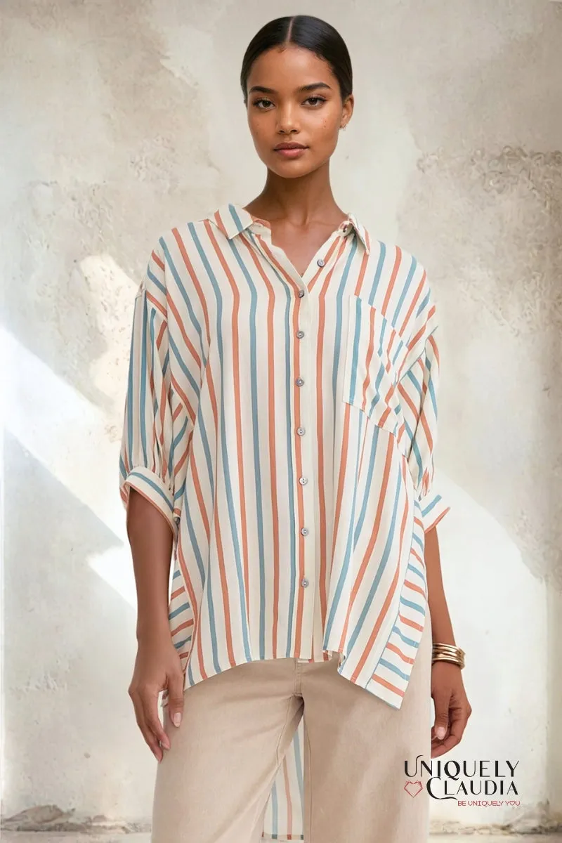 Renee Dolman Sleeve Striped Button-Down Shirt