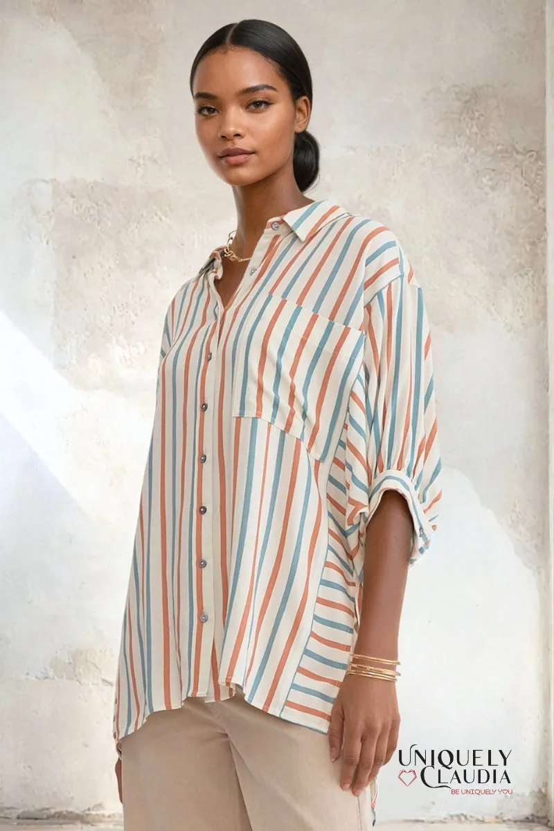 Renee Dolman Sleeve Striped Button-Down Shirt