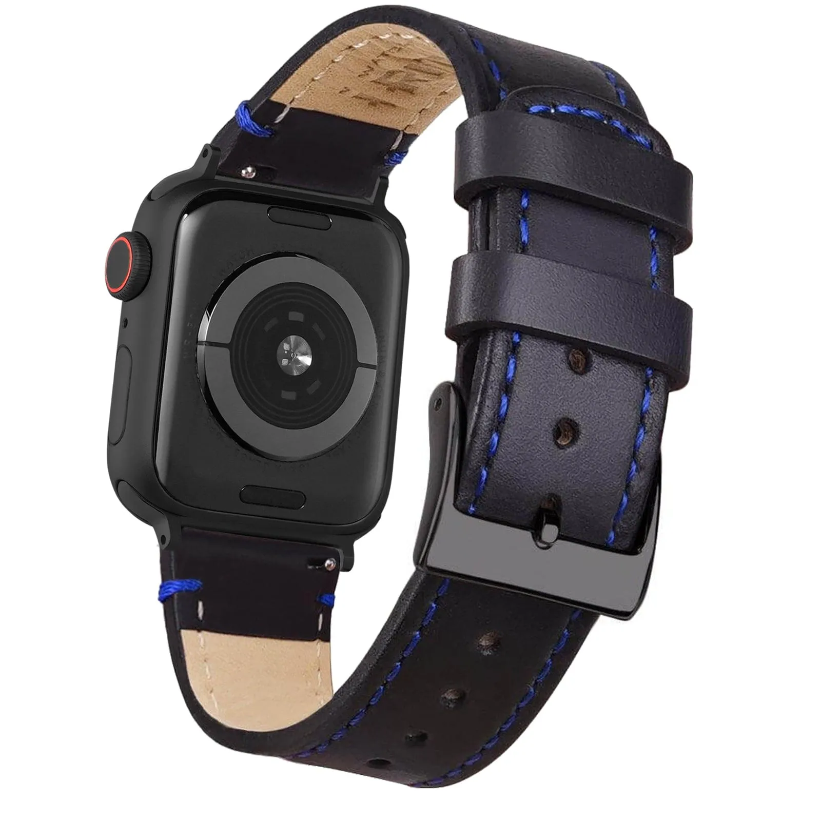 Ritche Black Blue Stitching Top Grain Leather iWatch Band in 38, 40, 41, 42, 44, 45mm