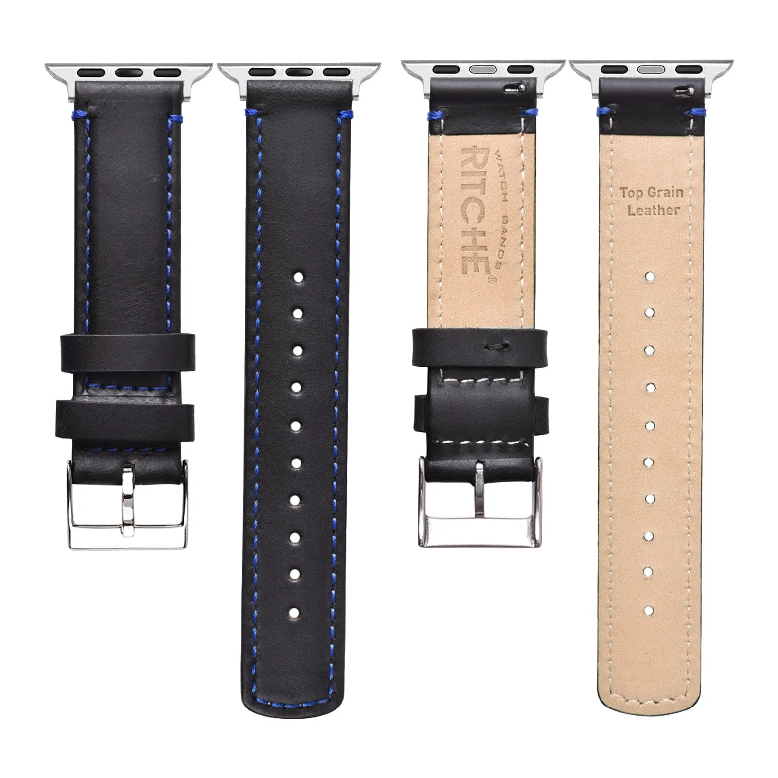 Ritche Black Blue Stitching Top Grain Leather iWatch Band in 38, 40, 41, 42, 44, 45mm